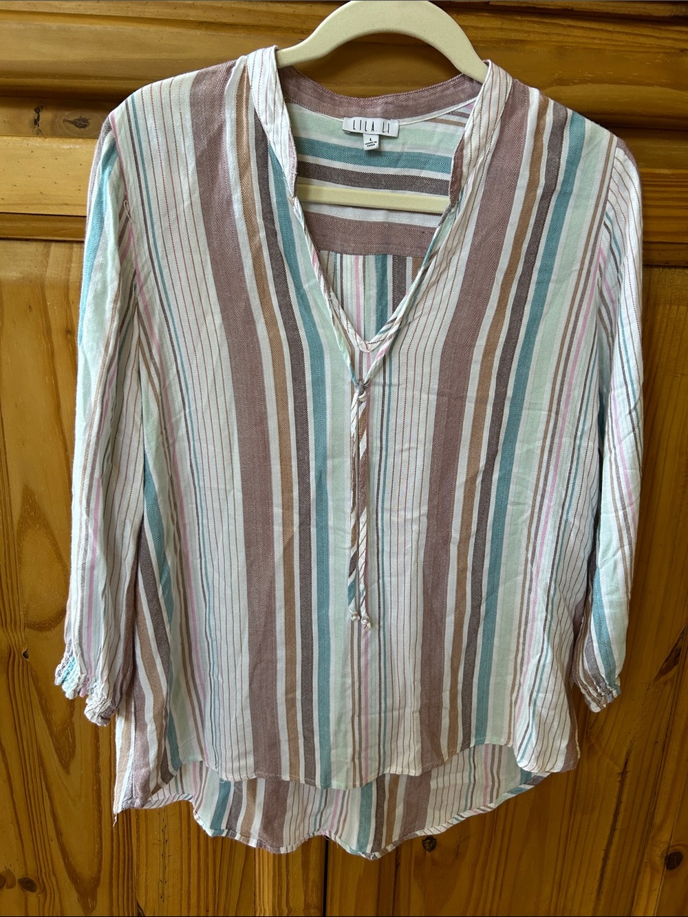 Lilla‎ P Striped V-Neck Tunic Brown Aqua Cream Tie Front 100% Rayon 3/4 Sleeves